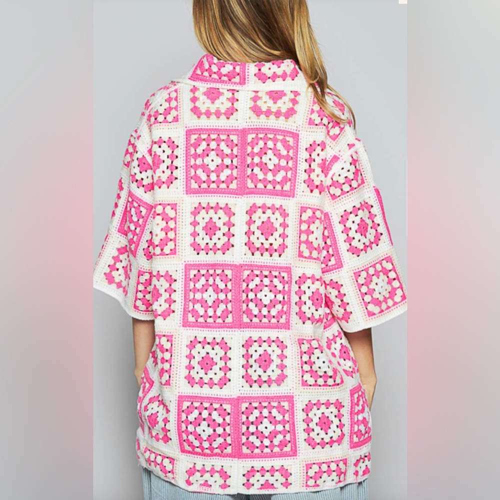 Pol Pink Multi Crochet Pattern Button Down Shirt … - image 2